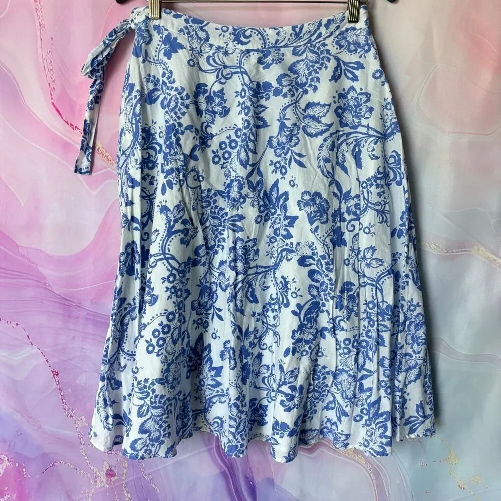 LK Bennett 6 Blue White Floral Midi Skirt Cotton Cottagecore Preppy Luxury Retro